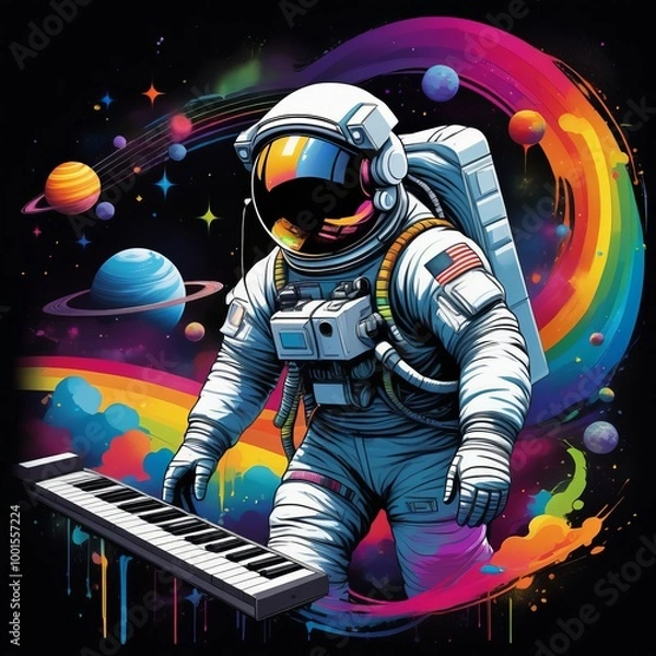 Fototapeta rock concert poster astronaut playing guitar bright flashes content created with generative AI software.