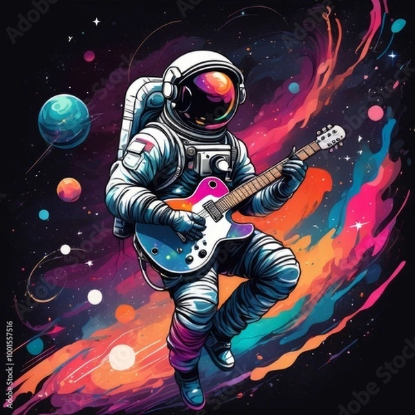 Fototapeta rock concert poster astronaut playing guitar bright flashes content created with generative AI software.