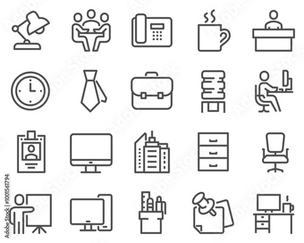 Fototapeta A simple set of icfice vector icons. Contains such icons as a business meeting, workplace, office building, reception and much more. Editing move.