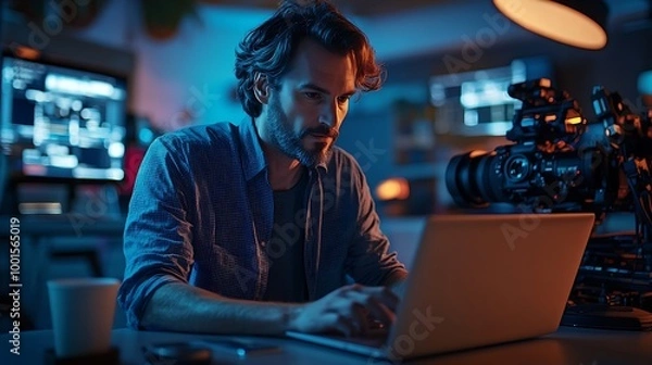 Obraz Male production manager using laptop at photo shoot in studio : Generative AI
