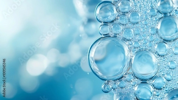 Fototapeta Oil bubbles close up a circles of water macro abstract light blue background : Generative AI