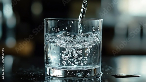 Fototapeta pouring drinking water in a transparent glass isolated on abstract background with glass table water resource concept with copy space : Generative AI