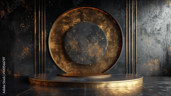 Fototapeta Luxury product display podium on black background with golden circular lines