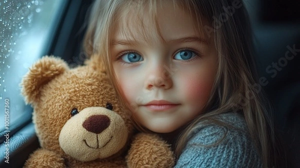 Fototapeta a cute child holding a teddy bear and gazing out of a car window, highlighting the thoughtful and innocent moment of a young girl traveling with her family, reflecting the emotions of a road trip