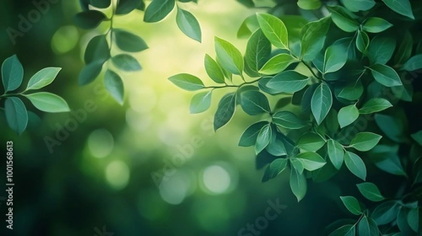 Fototapeta Spring abstract floral background branches of a green ruscus plant closeup with blurring strong soft focus background : Generative AI