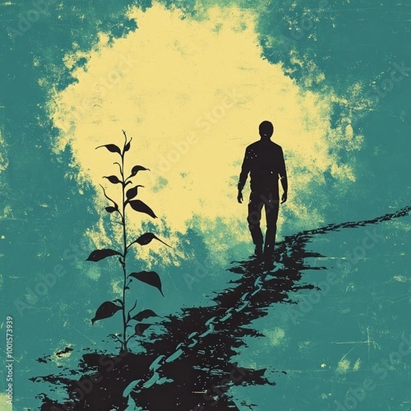 Fototapeta A silhouette of a man walking on a path, with a sprouting plant symbolizing hope and growth.