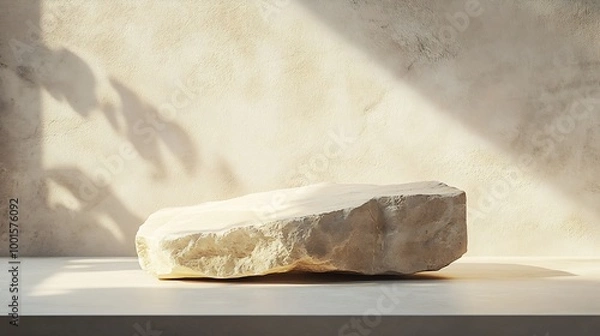 Fototapeta Beige concept product display podium Rock Stone with blurred background with sunlight shadow : Generative AI