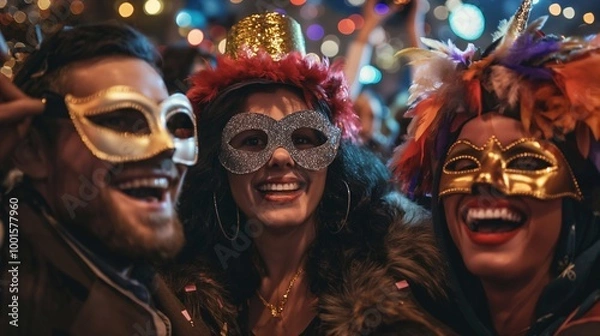Fototapeta Three friends having a blast at a lively party, wearing vibrant venetian masks and sharing laughs, surrounded by a dancing crowd, colorful confetti, and bright lights