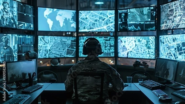 Obraz Back view of male security guard in surveillance room with monitors and screens