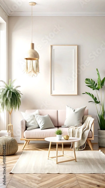 Fototapeta Home mockup, room in light pastel colors, Scandi-Boho style, 3d render, white Mock up frame