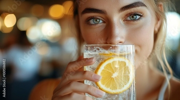 Fototapeta Woman Drinking a Lemonade Beverage in a Restaurant Customer in diner sipping citrus beverage finding it too sour : Generative AI