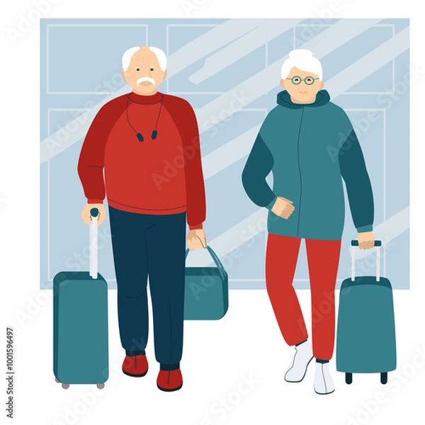 Obraz Active elderly couple traveling with suitcases.