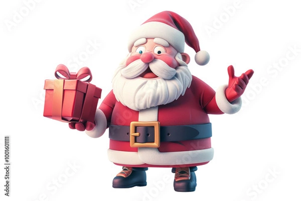 Fototapeta Funny Santa Claus holding a red gift box isolated on transparent background, for Christmas festive.