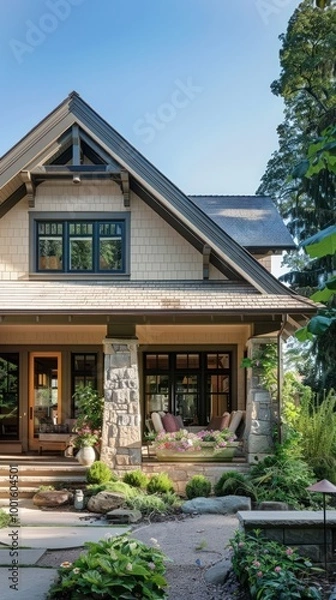 Fototapeta A cozy Craftsman house exterior in soft beige, highlighted by stone accents and a charming garden.