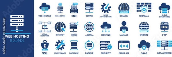 Fototapeta Web hosting icon set. Containing cloud computing, server, domain, firewall, internet, FTP, database, SSL, data hosting and more. Solid vector icons collection.