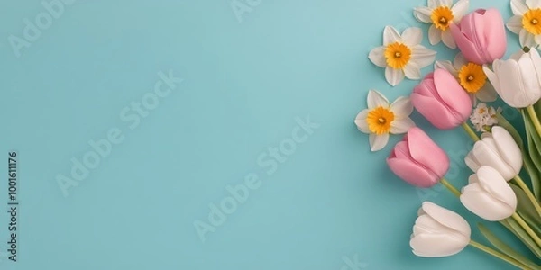 Fototapeta Colorful spring flowers arranged artistically on a light blue background for decoration