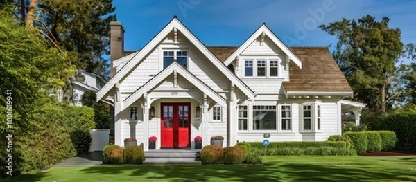 Fototapeta A charming craftsman home in classic white, with a striking red door and neatly kept front lawn.