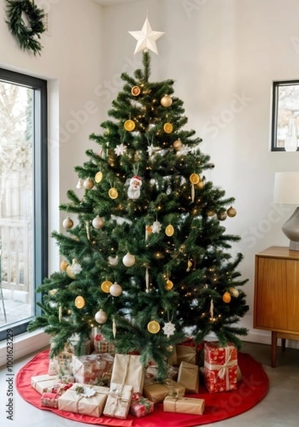 Fototapeta A festive Christmas tree adorned with a variety of colorful ornaments, including baubles, animal figurines, and dried orange slices.