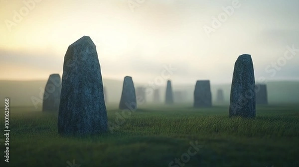 Obraz Highland moors in drifting fog, ancient stone circles, 3D illustration