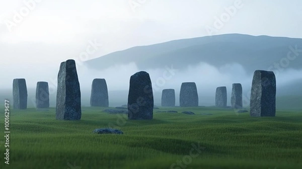 Obraz Highland moors in drifting fog, ancient stone circles, 3D illustration