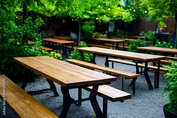 Obraz A beer garden with long wooden tables. 