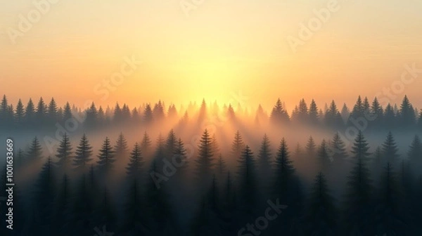 Fototapeta Sunset rays breaking through drifting fog in forest, golden glow, 3D illustration