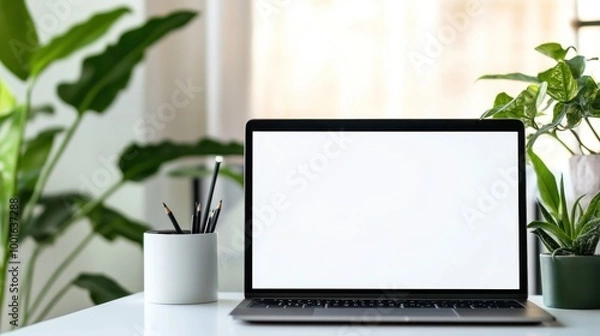 Fototapeta Laptop with Blank Screen on Desk
