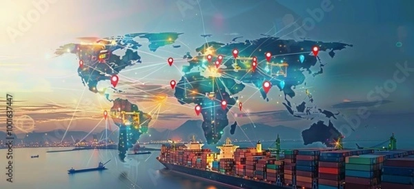Obraz A global map with various location pins and connecting lines, representing the country's representation in container cargo data for AI model development. A ship sailing on sea waters is seen carrying 