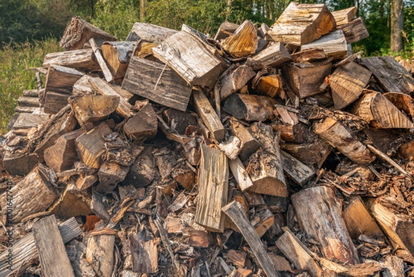 Fototapeta Large pile of split wood at the edge of a Dutch forest in the fall season waiting for transport.