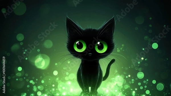 Fototapeta Cute black cat with large green eyes surrounded by glowing green orbs, creating a magical atmosphere.