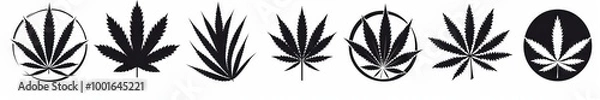 Fototapeta A logo design with various black and white marijuana leaf icons, arranged in an orderly fashion on the right side of the screen. The background is pure white, creating sharp contrast between colors. E