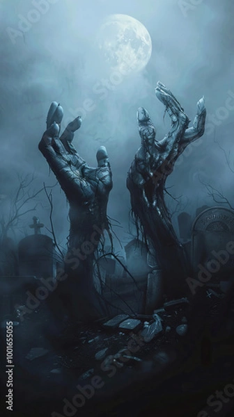 Obraz Gruesome Zombie hand emerging from the ground in spooky graveyard at night with full moon. Concept of horror, supernatural events, Halloween scares
