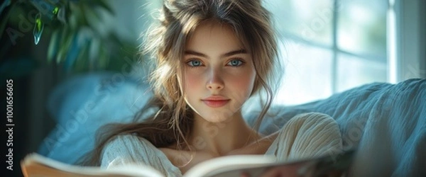 Fototapeta Young Woman Reading a Book by a Window