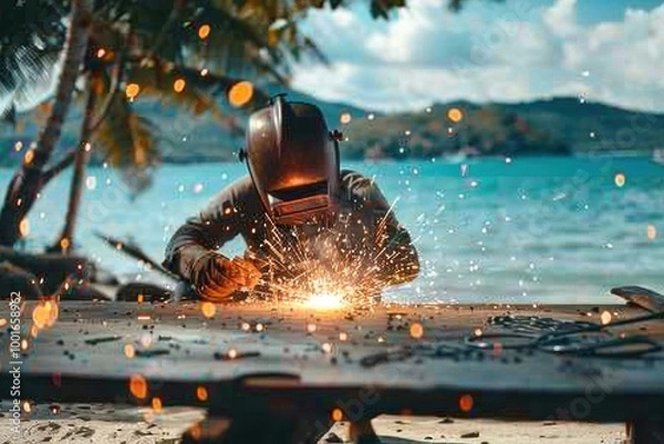 Fototapeta Skilled Welder at Work in the Workshop