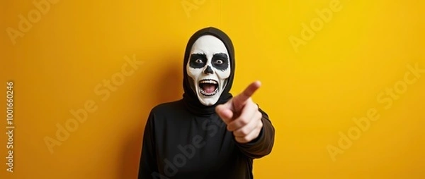 Fototapeta Woman dressed as death with the yellow background, Halloween. Space to write text