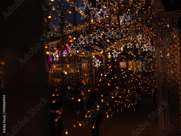 Fototapeta Christmas and New Year holidays decorations of streets with trees and shops with multicolored christmas string fairy lights glowing in the darkness outdoors. Winter holidays celebration concept.