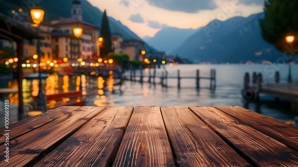 Fototapeta Empty wooden table and blurred background of Lake Como