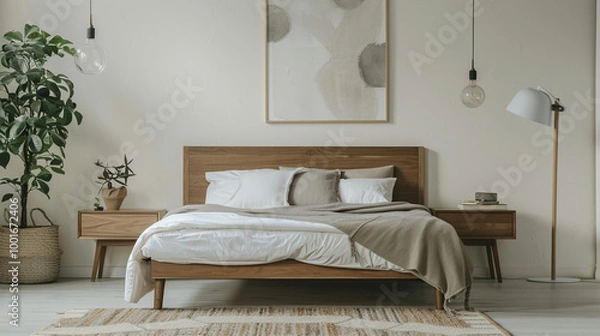 Fototapeta Well-decorated bedroom featuring large bed and stylish nightstands