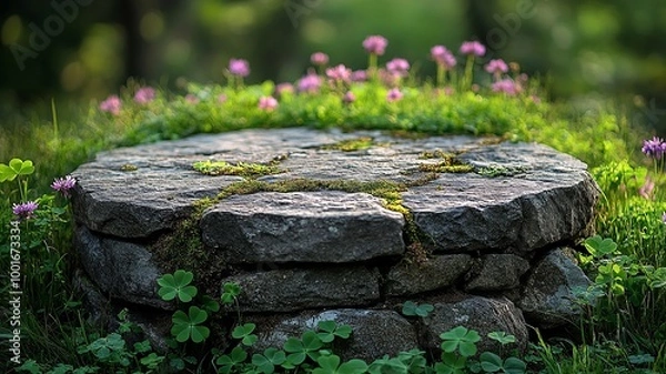 Fototapeta Stone Platform Surrounded by Lush Greenery