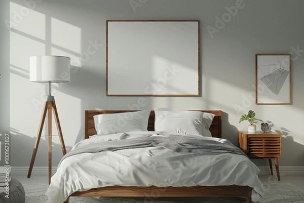 Obraz Cozy bedroom with wooden bed and two matching nightstands in sunlight