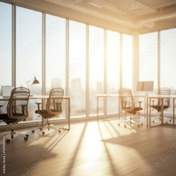 Fototapeta A sunlit, minimalist office with floor-to-ceiling windows and light wooden floors. Desks and chairs are neatly arranged, creating a calm, spacious, and energizing work environment. Computer render