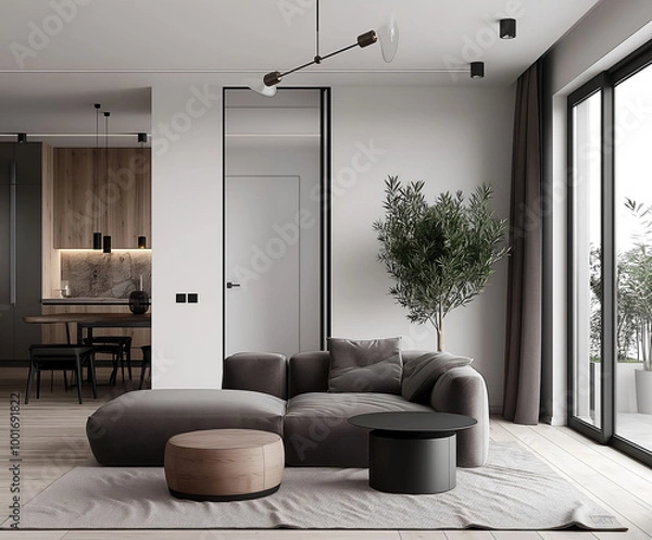 Fototapeta Aesthetic elegant minimalist modern interior design. Clear mock up empty wall for decoration in the apartment. Copy space in the room. Neutral palette of natural colors.