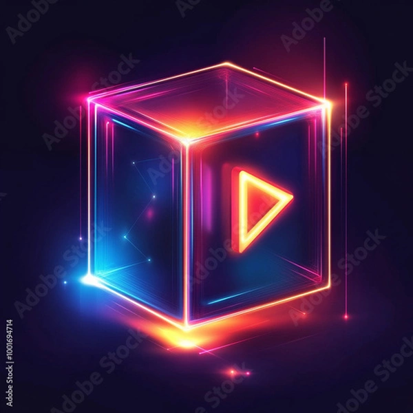 Fototapeta Neon glowing digital cube with play icon. 3d cyber start button. Gaming, cinema, music,