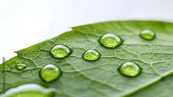 Fototapeta A close-up of dew drops on a green leaf, showcasing intricate details and natural patterns against a light solid color background