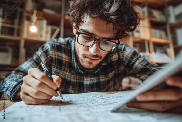 Fototapeta A young man with glasses studying in a library, holding a book and taking notes, capturing intense focus and academic dedication
