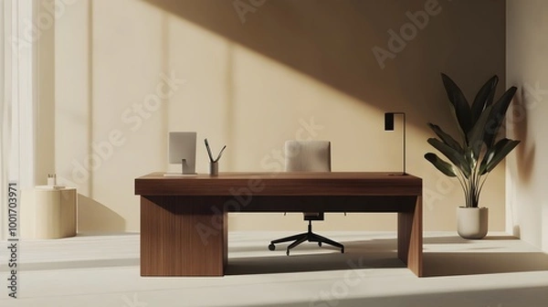 Fototapeta A modern office desk made of dark wood with a sleek design, surrounded by minimalistic decor and a light solid color background