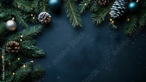 Obraz Beautiful Christmas decorations with pine branches, ornaments, and lights on a dark background
