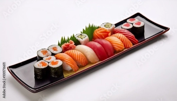 Fototapeta sushi platter with vibrant colors, isolated on a white backdrop