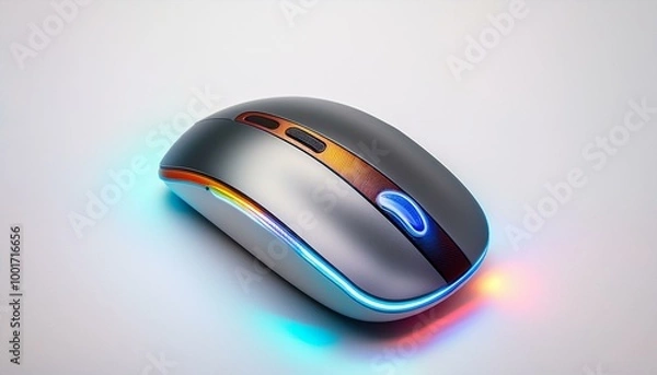 Fototapeta wireless mouse with glowing accents, placed on a bright white background