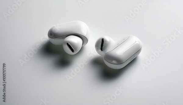 Fototapeta Wireless earbuds placed on a bright white surface